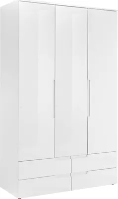 A white, three-door wardrobe with drawers at the bottom, shown from a slightly angled front view.