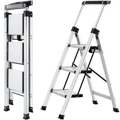 Obrázek produktu pro Třípatrová žebříková konstrukce, hliníková žebřík s madlem, skládací žebřík s protiskluzovou úpravou