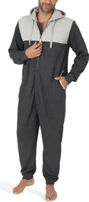 Produktbild von SLOUCHER - Herren Jumpsuit Onesie Overall Einteiler Hausanzug aus Baumwolle mit Reißverschluss und Kapuze ; grau , M