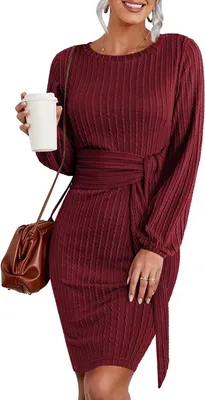 Produktbild von Gestrickter Herbstkleid für Damen mit langen Ärmeln, eng anliegendem Schnitt in Bordeauxrot