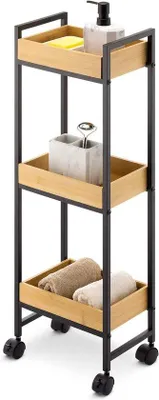 Image de Armoire de salle de bain sur roulettes - Étagère en bambou avec trois tiroirs - Meuble de rangement pour la salle de bain - Trolley en bambou et fer - Style moderne