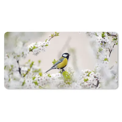 Produktbild von MuchoWow® Schreibtischunterlage Vogel - Kohlmeise - Blumen - Blütenbaum 80x40 cm - XXL Mauspad - Gaming Mauspad