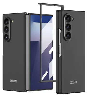 A black protective case for a foldable phone is shown, with the phone partially open and a screen protector being applied.