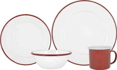 Produktbild von Argon Ta 16pc Emaille-Geschirr Set - Stahl Outdoor-Camping-Platten-Schüsseln Tassen - Rot