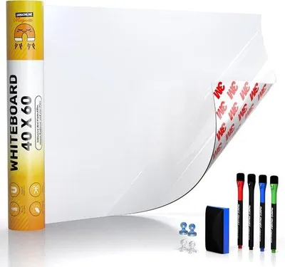 Produktbild von Whiteboard-Folie, 40x60 cm - Magnetische, selbstklebende Folie - Abwischbare Whiteboard-Folie - Inklusive 4 Markern und Radiergummi - Flexibel für den Einsatz zu Hause