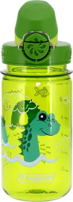 A close-up shot of a green Nalgene water bottle with a cartoon dinosaur design.