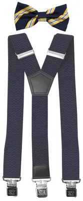 Produktbild von Fabio Farini - 1 Stück mit passender Fliege als Set 4cm Y-Form für Herren Pack Dunkelblau 4cm Hosenträger - Dunkelblau/Gelb Gestreifter Fliege