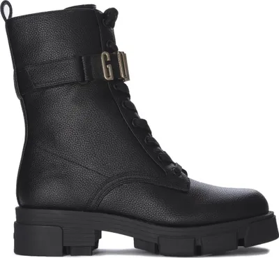 A black leather Guess boot with a buckle and laces.