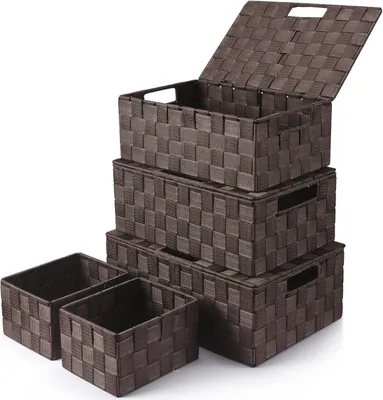 Produktbild von Aufbewahrungsboxen Set 5-teilig, 34 cm, mit Deckel, stapelbar, braun, für Badezimmer