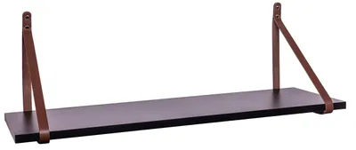 Productafbeelding van ABRATO® Wandrek, zwevend rek, met leren riemen, ophanging, zwart, 80 x 25 x 1,8 cm, bruin