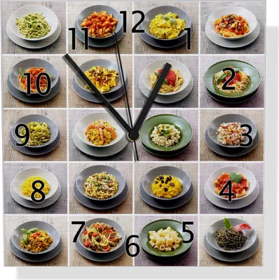 Produktbild von Wallario Design Wanduhr Italienische Pasta aus Aluverbund, Größe 30 x 30 cm