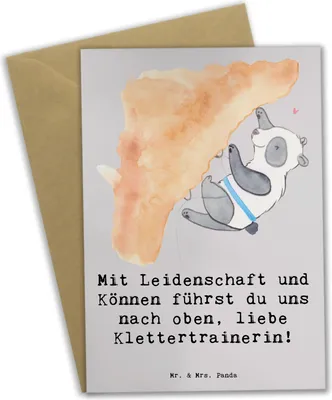 Produktbild von Mr. & Mrs. Panda Glückwunschkarte Klettern Trainerin - Grau Pastell - Geschenk, Sport, Motivation, Grußkarte, Gipfel, weihnachtskarten, Training, Danksagung, Leidenschaft