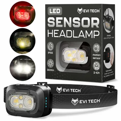 Produktbild von EVI TECH WaveBeam 300 LED Stirnlampe Schwarz Akku USB-C Bewegungssensor 300lm Wasserdicht IP55 Kopflampe mit Rotlicht Outdoor Laufen Camping