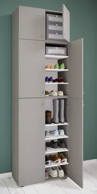 Produktbild von VCM Holz-Schuhschrank | Maße: H. 240 x B. 70 x T. 39 cm | Allzweckschrank | 9 Fächer | 4 Drehtüren | Aufsatz mit 2 Türen | extra Schublade – Lona