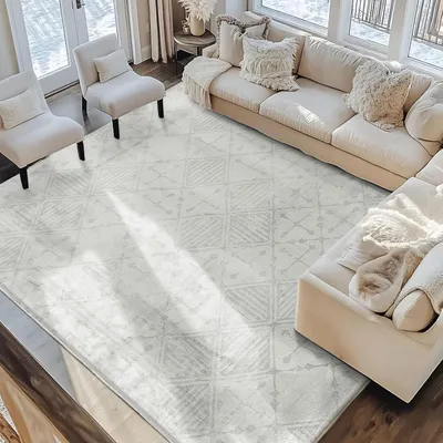 Immagine prodotto di Tappeto a pelo corto, 200x300 cm, grigio, crema, bianco, motivo geometrico, antiscivolo, moderno, rettangolare