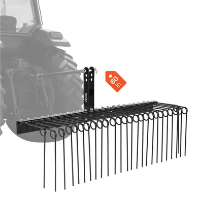 Image de Râteau pour tracteur tondeuse VEVOR 150 cm, râteau à gazon avec 26 dents à ressort, aérateur de gazon pour tracteurs de catégorie 1, scarificateur avec attelage 3 points, accessoire pour tracteur pour feuilles mortes et aiguilles de pin