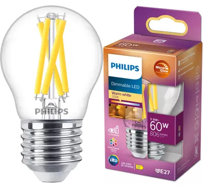 Zdjęcie produktu dla Philips Świeczka żarnikowa przezroczysta 60 W P45 E27, 5,9 W, 60 W, E27, 806 lm, 15000 h, Ciepły blask
