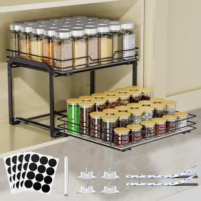Produktbild von 2 Etagen Gewürzregal Ausziehbar Höhenverstellbar Küchenschrank Organizer Schwarz L26xB34.5xH23cm