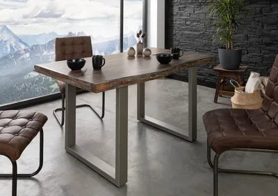 Produktbild von MASSIVMOEBEL24 Baumtisch Akazie 140x90x77 grau lackiert / U-Beine silber matt FREEFORM 5