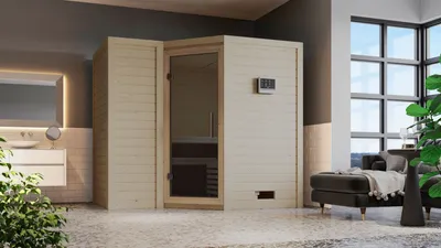 Produktbild von Karibu Sauna Innensauna Sahib 2 Eckeinstieg Ofen 9 KW externe Strg easy 236x184x208 cm ohne Dachkranz mit Graphittür
