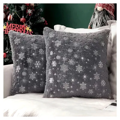 Produktbild von 2er Set Kissenbezüge Weihnachten Kuschelkissen Flauschig Schneeflocken Dekokissen Sofakissen Plüschkissen Fellkissen Couchkissen 45x45 cm Grau