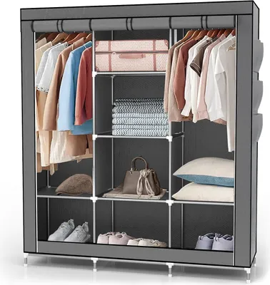 Produktbild von Intirilife Skládací šatní skříň 130x175x45 cm v barvě ASH GREY - se zipem Šatní skříň s tyčí na oblečení, přihrádkami a boční kapsou - kempingová textilní skříň