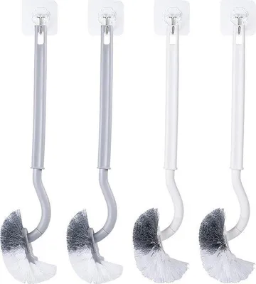 Produktbild von Toilettenschaumreiniger-Set aus 4 Teilen, WC-Reinigungsbürste mit Randreiniger, lange gebogene Stahl- WC- Sauggreifer, weiches Kunststoff-Toilettenschaubürsten-Set, tiefgreifende WC-Bürstenteile in Grau/Weiß.