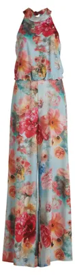 Produktbild von Vera Mont Satin Jumpsuit ärmellos mit Blumenmuster, Amerikanischem Ausschnitt, Stehkragen, zum Binden