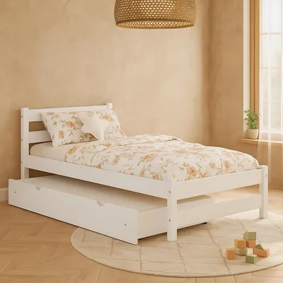 Produktbild von MEBLE WRÓBEL Kinderbett 80x190 cm mit Auszugbett und Lattenrost - Einzelbett aus Kiefer Massivholz - Kinder Bett Montessori - Jugendbett in Weiß - ohne Matratze