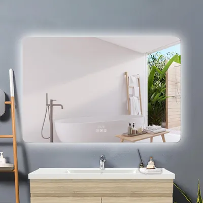 Produktbild von Badspiegel mit LED Beleuchtung 120x80cm Uhr Bluetooth 3 Lichtfarbe Dimmbar Wandspiegel mit Touch/Wandschalter Speicherfunktion