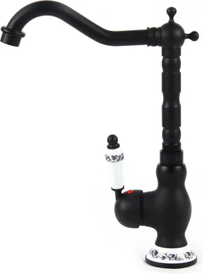 A black vintage-style faucet with white ceramic accents.