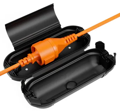 Produktbild von deleyCON Kabel Schutzbox Outdoor IP44 für Stromkabel Verlängerungskabel Wetterfest Spritzwassergeschützt für Außenbereich Kabelbox Kabelschutz Kabelabdeckung - Schwarz