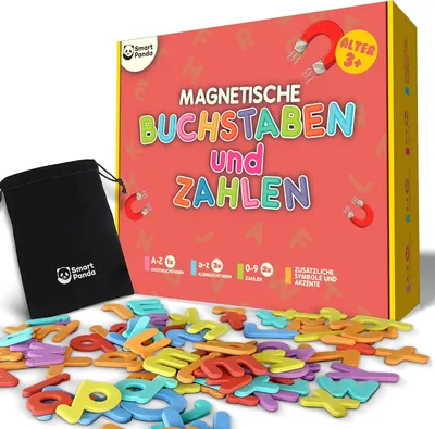 Produktbild von Magnetische Buchstaben und Zahlen Set, 104 Großbuchstaben & Kleinbuchstaben, 20 Zahlen, Aufbewahrungstasche