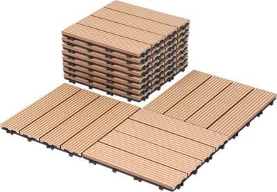 Zdjęcie produktu dla Płytki tarasowe Jayseuw 33x z WPC z systemem drenażowym i systemem zatrzaskowym – na balkon i do ogrodu, 30x30 cm, wzór tekowy
