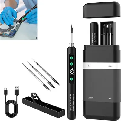 Produktbild von Akku Lötkolben Set mit Ständer&LCD Display, 1100mAh Mini Lötkolben Akku, Einstellbare Temperatur 180-450°C, 3 Lötspitzen