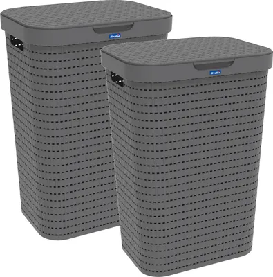Two grey laundry baskets with lids are shown side-by-side against a white background.