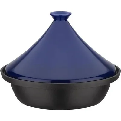 A blue and black tajine pot on a white background.