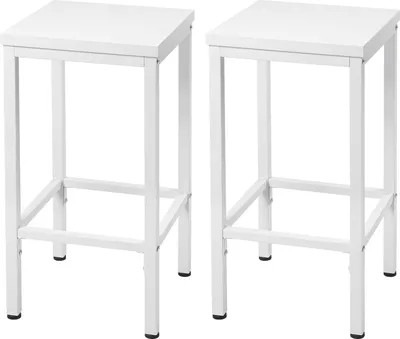 Two white bar stools are shown against a white background.