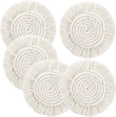 Produktbild von Macramé Untersetzer – Set mit 5 Stück – Gewebte Untersetzer – Boho-Stil – Rutschfest – Wiederverwendbar