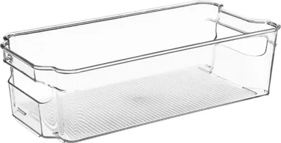 A clear, studio shot of a transparent plastic storage bin.
