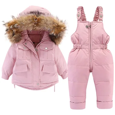 Produktbild von Baby Daunenjacke und Daunenhose 2PCS, Mädchen Jungen Winter Mantel mit Kapuze Kinder Skianzüge (Rosa,110cm)