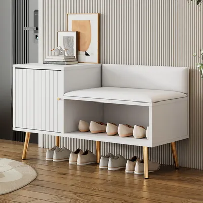 Produktbild von Schuhtruhe mit Stauraum, gepolsterter Sitzbank, Ruckenlehne, 100 x 38 x 58 cm, Weiss