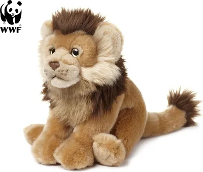 A plush toy lion is shown sitting against a white background.