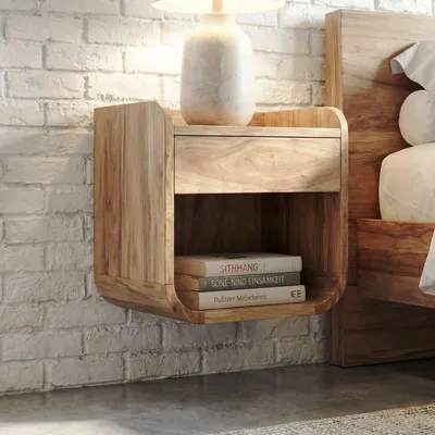 Image de CONSOLE DE NUIT MURALE WOHNLING, 35x33 cm, en bois d'acacia massif, couleur marron. Table de chevet avec tiroir et étagère, suspendue, idéale pour les lits à sommier tapissés. Fabriquée à la main