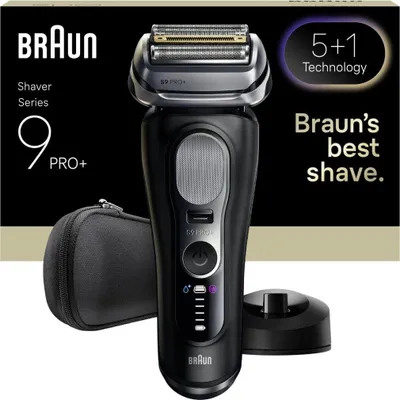 A Braun Series 9 Pro+ electric shaver is displayed with its accessories and marketing text.