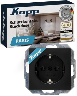 Produktbild von Kopp Paris Schutzkontakt-Steckdose, 1-fach, mit Berührungsschutz, 16A, 250V, IP20, schwarz, matte Oberfläche, 920650080