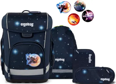 A set of school supplies with a space theme, including a backpack, a smaller backpack, and two pencil cases, along with decorative space-themed stickers.