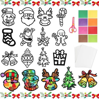 Produktbild von Bastelset Fensterbilder Weihnachten Schneemann Weihnachtsmann Schneeflocken 12 Schablonen 32 Papierbögen