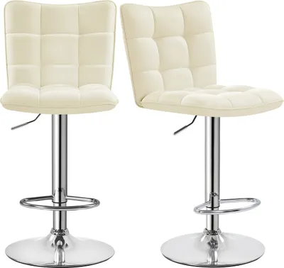 Two cream-colored bar stools are shown against a white background.