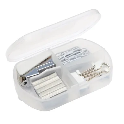 Produktbild von 2 x Bürobox Set mit Tacker, Dokumentenklammern, Heftklammern, Büroklammern in kompakter Aufbewahrungsbox 9,4x6x2,1 cm